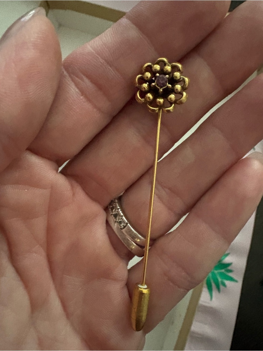 Vintage Gold Floral Stick Pin with Purple Center